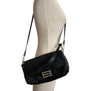 Divina Firenze Black Leather Baguette Flap Crossbody Bag Italy